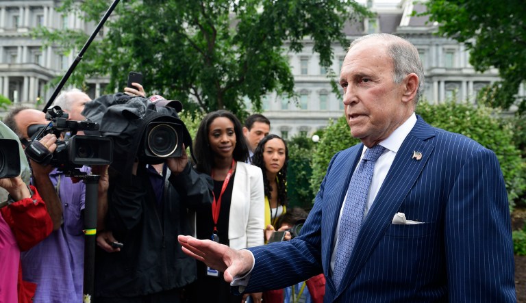 White House National Economic Council Director Larry Kudlow speaks with reporters at the White House. 