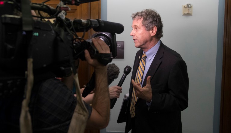 Sen. Sherrod Brown, D-Ohio, speaks to reporters as the retirement of Justice Anthony Kennedy is announced, on Capitol Hill, Wednesday, June 27, 2018 in Washington.