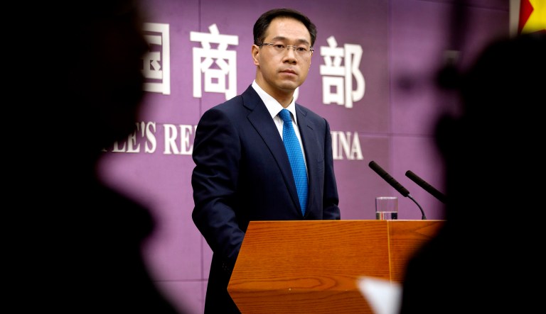 Chinese Ministry of Commerce spokesman Gao Feng appears at a press conference.
