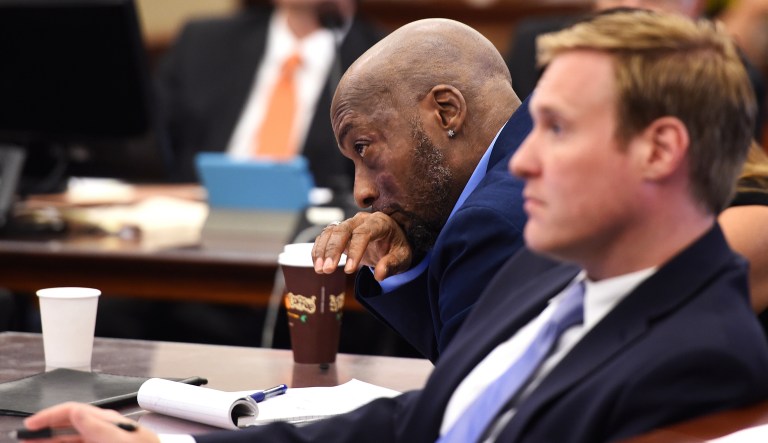 Plaintiff Dewayne Johnson, left, reacts while attorney Brent Wisner speaks about his condition during the Monsanto trial in San Francisco. Monsanto is being accused of hiding the cancer-related dangers of its popular Roundup products. 