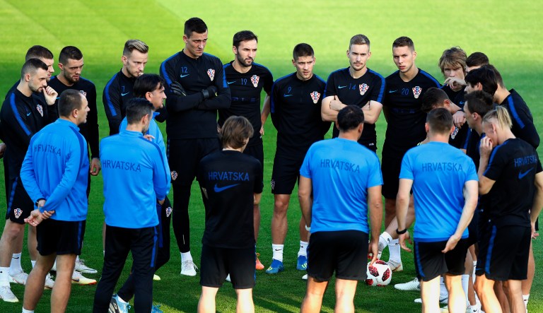 Croatia players listen to their coach, Zlatko Dalic, during a training session of Croatian national team at the 2018 soccer World Cup in Moscow, Russia, on Friday.