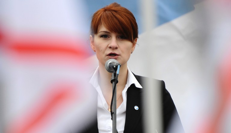 In this photo taken on Sunday, April 21, 2013, Maria Butina, leader of a pro-gun organization in Russia, speaks to a crowd during a rally in support of legalizing the possession of handguns in Moscow, Russia. 
