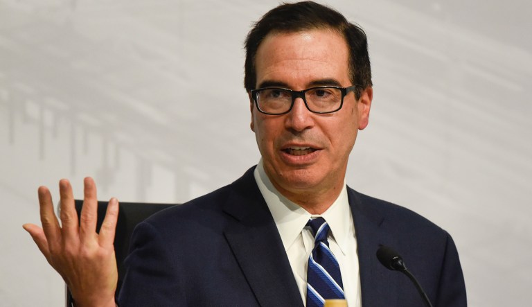 U.S. Treasury Secretary Steven Mnuchin gives a press conference.