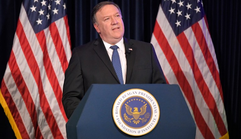 U. S. Secretary of State Mike Pompeo speaks at the Ronald Reagan Presidential Library Sunday, July 22, 2018, in Simi Valley, Calif.