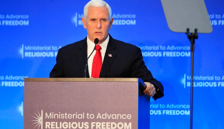 Vice President Mike Pence speaks at the close of a three-day conference on religious freedom at the State Department in Washington, Thursday, July 26, 2018. Shortly after the possibility of sanctions was first announced by Vice President Mike Pence Thursday, Trump wrote on Twitter that the U.S. "will impose large sanctions on Turkey for their long time detainment of Pastor Andrew Brunson." 