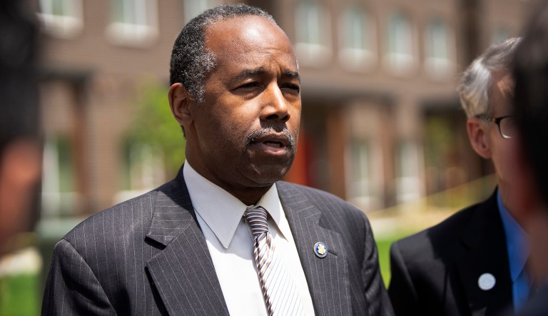 U.S. Housing and Urban Development Secretary Ben Carson addresses the media outside of The Village at Westerly Creek after touring the HUD funded property Monday, July 30, 2018, in Aurora, Colo.