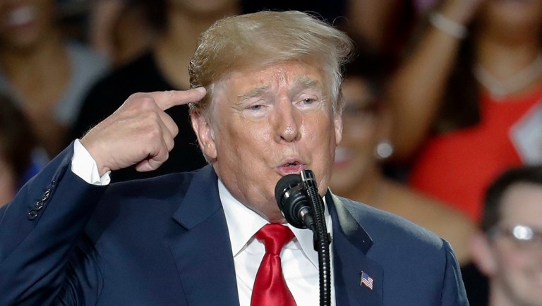 President Donald Trump speaks during a rally.