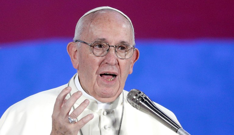 Pope Francis delivers a speech.