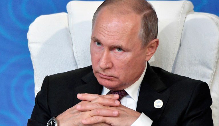 Russian President Vladimir Putin attends a meeting during the 5th Caspian summit in Aktau, the Caspian Sea port in Kazakhstan, Sunday, Aug. 12, 2018. 