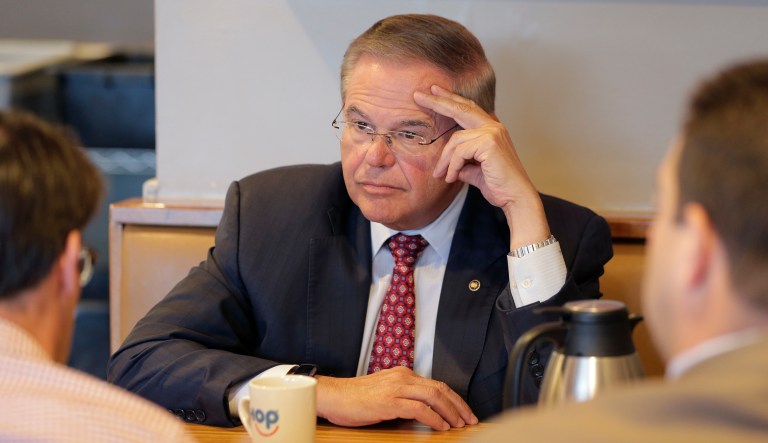 New Jersey Senator Bob Menendez talks to a reporter in Union City, N.J., Monday, Aug. 13, 2018.