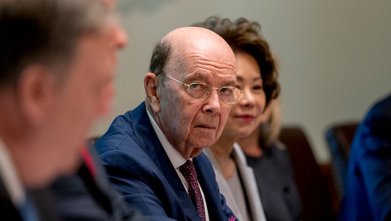 Commerce Secretary Wilbur Ross attends a cabinet meeting in the Cabinet Room.