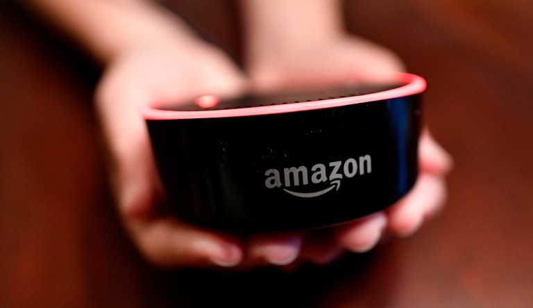 In this Thursday, Aug. 16, 2018, photo a child holds his Amazon Echo Dot in Kennesaw, Ga. Amazon updated its voice assistant with a feature that can make Alexa more kid-friendly. When the FreeTime feature is activated, Alexa answers certain questions differently.