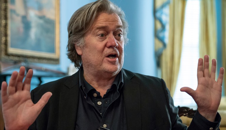 Steve Bannon, President Donald Trump's former chief strategist, talks about the approaching midterm election during an interview with The Associated Press, Sunday, Aug. 19, 2018, in Washington. Bannon told the Associated Press that if the elections were held today, he believed the GOP would lose 35 to 40 seats and the House of Representatives, but argued there was time to turn that around.