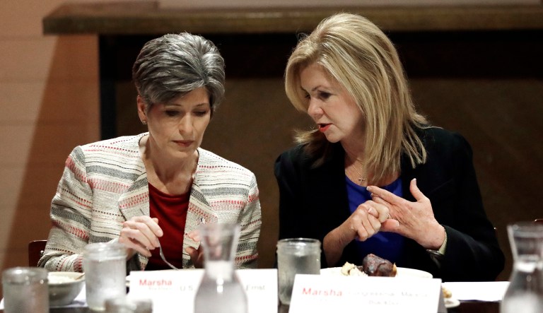 Republican Rep. Marsha Blackburn, right, talks with Sen. Joni Ernst, R-Iowa, left, durning a lunch Friday, Aug. 24, 2018, in Nashville, Tenn.