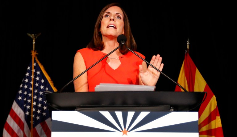 U.S. Senate candidate and U.S. Rep. Martha McSally, R-Ariz., speaks to supporters after her primary election victory, Tuesday, Aug. 28, 2018, in Tempe, Ariz. McSally will face U.S. Rep. Krysten Sinema, D-Ariz., in the November election as they seek the seat of retiring U.S. Sen. Jeff Flake, R-Ariz.