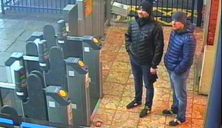 This still taken from CCTV and issued by the Metropolitan Police in London on Wednesday Sept. 5, 2018, shows Ruslan Boshirov and Alexander Petrov at Salisbury train station on March 3, 2018. British prosecutors have charged two Russian men, Alexander Petrov and Ruslan Boshirov, with the nerve agent poisoning of ex-spy Sergei Skripal and his daughter Yulia in the English city of Salisbury. They are charged in absentia with conspiracy to murder, attempted murder and use of the nerve agent Novichok. 
