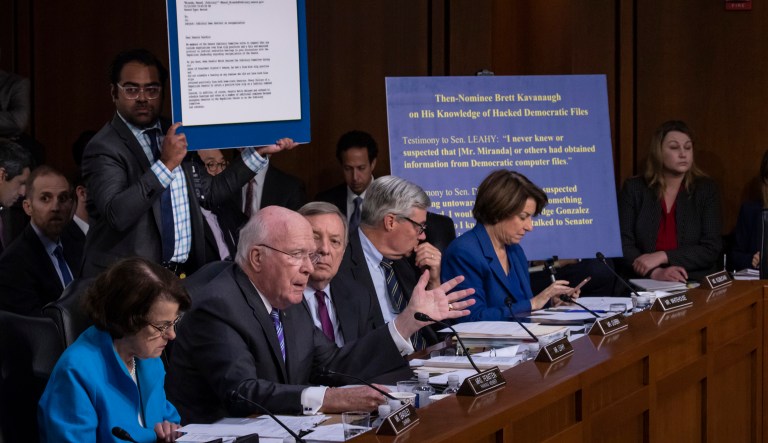 Sens. Patrick Leahy, D-Vt., flanked by Dianne Feinstein, D-Calif., Dick Durbin, D-Ill., Sheldon Whitehouse, D-R.I., and Amy Klobuchar, D-Minn., questions Supreme Court nominee Brett Kavanaugh about his time in the White House. 