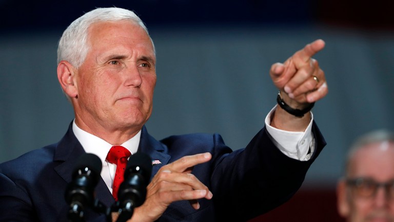 Vice President Mike Pence points to an audience member as he speaks during a visit to Nellis Air Force Base in Las Vegas.