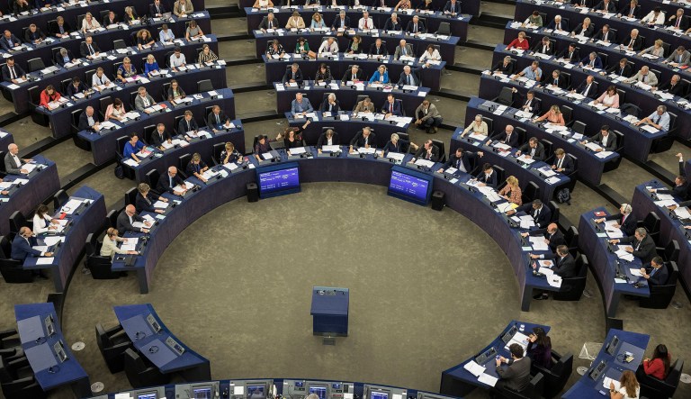 Members of the European Parliament take part in a vote in Strasbourg, eastern France, Wednesday, Sept.12, 2018. EU lawmakers have voted in favor of launching action against the Hungarian government of Prime Minister Viktor Orban for allegedly undermining the bloc's democratic values and rule of law. 
