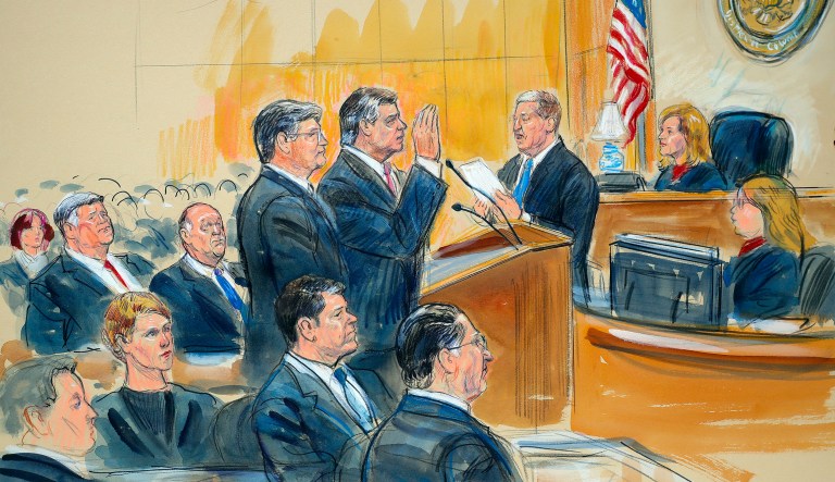 This courtroom sketch depicts former Donald Trump campaign chairman Paul Manafort, center, and his defense lawyer Richard Westling, left, before U.S. District Judge Amy Berman Jackson, seated upper right, at federal court in Washington, Friday, Sept. 14, 2018, as prosecutors Andrew Weissmann, bottom center, and Greg Andres watch.