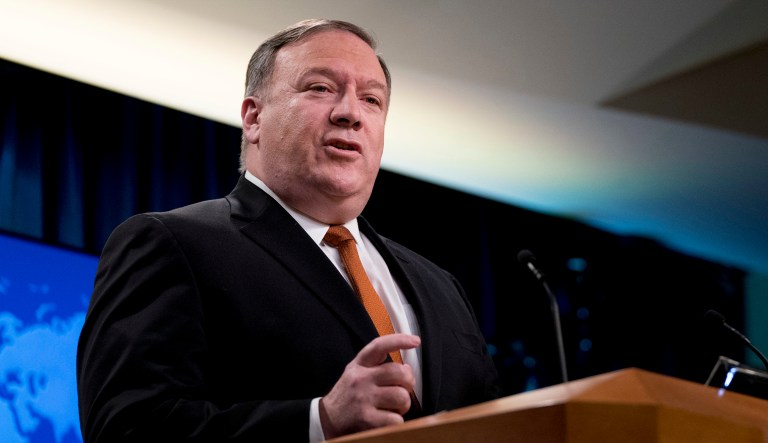 Secretary of State Mike Pompeo speaks at a news conference in the press briefing room at the State Department in Washington, D.C.