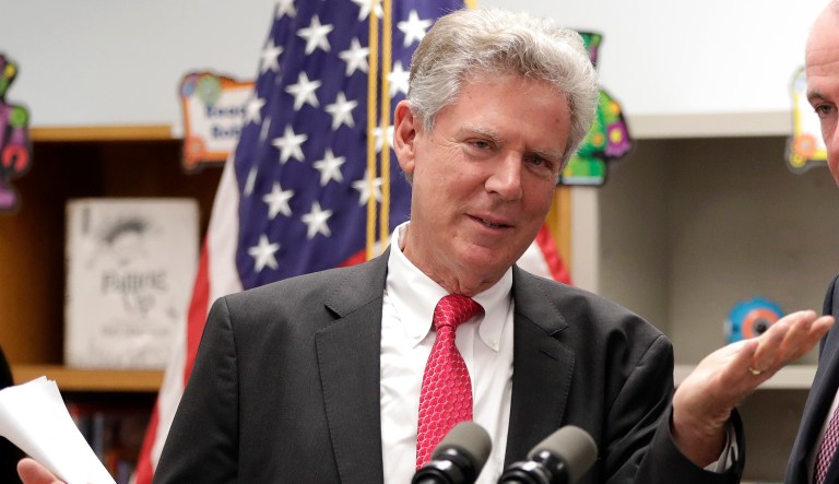 U.S. Rep. Frank Pallone, D-N.J., left, speaks while standing next to New Jersey Gov. Phil Murphy during a news conference announcing a preschool expansion plan, Tuesday, Sept. 18, 2018, at Columbus School in Carteret, N.J. The educational program will include aid of $20.6 million to 31 eligible districts, which will enhance and expand preschool education programs for more than 2,000 children, according to Murphy.