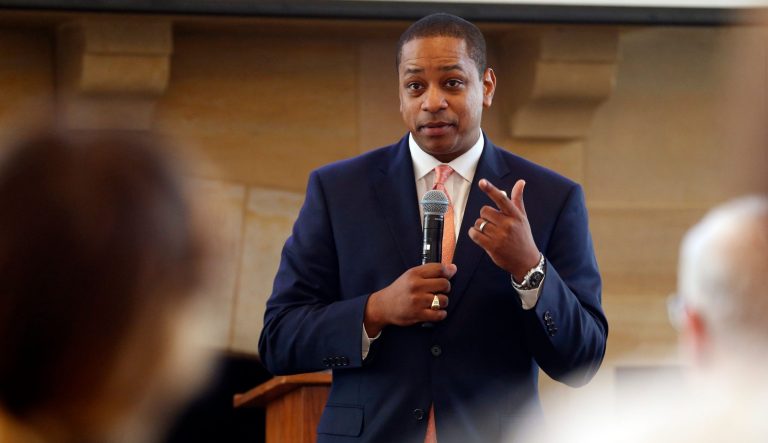 Virginia Lt. Gov. Justin Fairfax gestures during remarks before a meeting of the Campaign to reduce evictions at a church meeting room in Richmond, Va., Tuesday,Sept. 25, 2018. 
