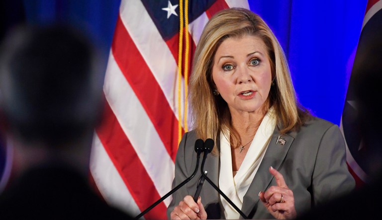 Republican candidate Marsha Blackburn speaks at the 2018 Tennessee U.S. Senate Debate against Democratic candidate and former Gov. Phil Bredesen at Cumberland University in Lebanon, Tenn. 
