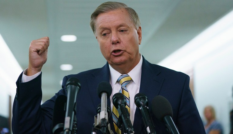Senate Judiciary Committee member Sen. Lindsey Graham, R-S.C., pauses as he speaks to media about the Senate Judiciary Committee hearing on Supreme Court nominee Judge Brett Kavanaugh, Friday, Sept. 28, 2018 on Capitol Hill in Washington.