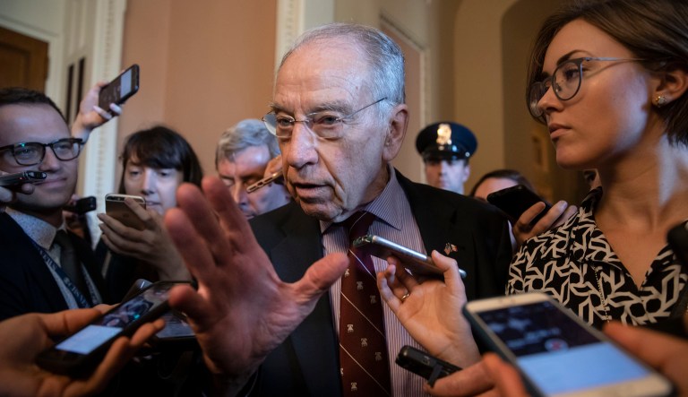 Senate Judiciary Committee Chairman Chuck Grassley, R-Iowa, talks to reporters.