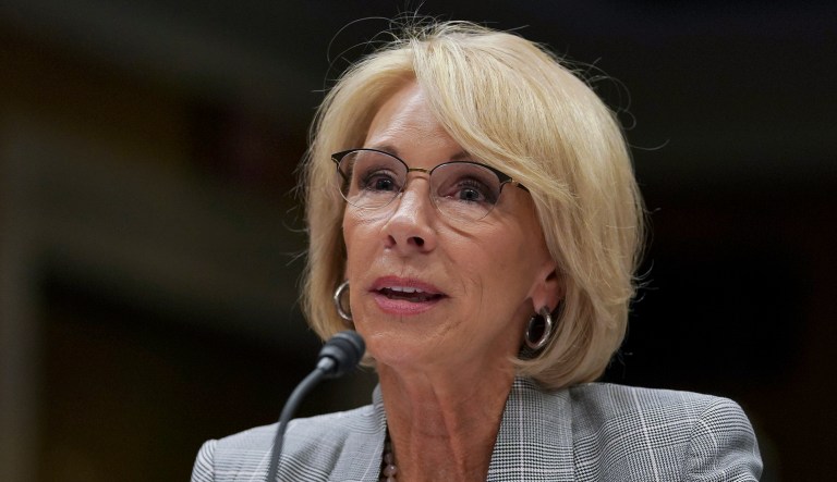 In this June 5, 2018, file photo, Education Secretary Betsy DeVos testifies during a Senate Appropriations Subcommittee on Labor, Health and Human Services, Education, and Related Agencies hearing.