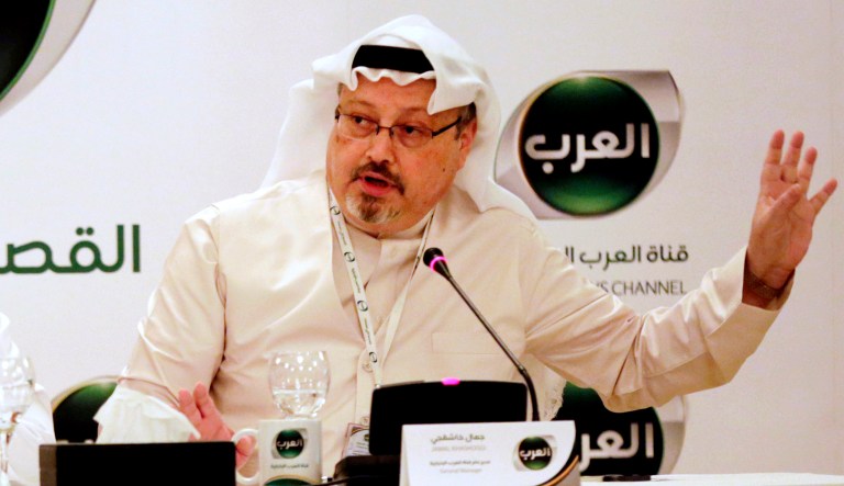 In this Dec. 15, 2014 file photo, Jamal Khashoggi speaks during a press conference, in Manama, Bahrain.