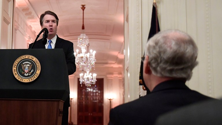 Supreme Court Justice Brett Kavanaugh speaks after a ceremonial swearing-in in the East Room of the White House.