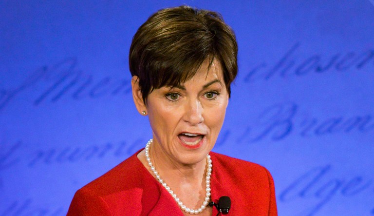 Iowa Gov. Kim Reynolds speaks during an event.