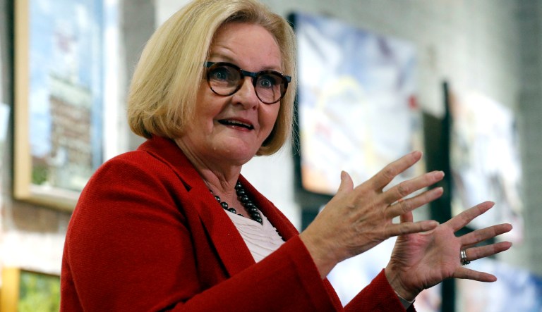 Sen. Claire McCaskill, D-Mo. makes a campaign stop Monday, Oct. 15, 2018, in Kansas City, Mo.