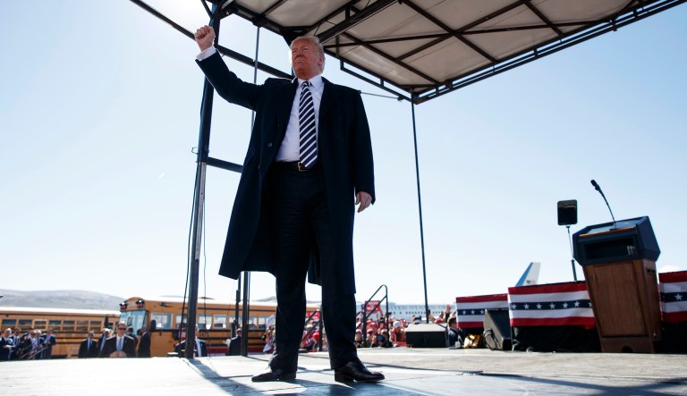 President Trump arrives at Elko Regional Airport on Saturday in Elko, Nev., for a campaign rally.