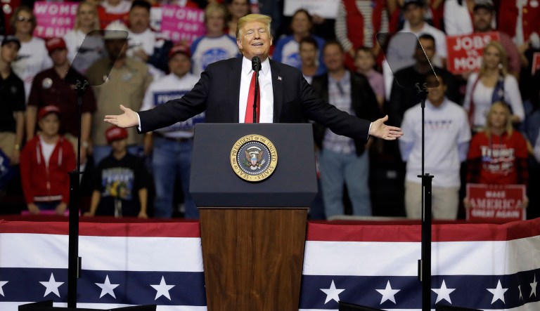 President Donald Trump speaks during a campaign rally, Monday, Oct. 22, 2018, in Houston.