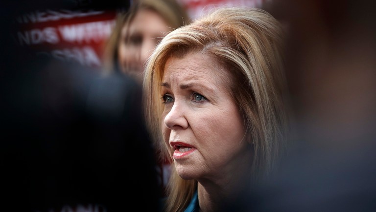 Rep. Marsha Blackburn, the Republican nominee for Senate in Tennessee, talks with reporters Wednesday, Oct. 31, 2018, in Franklin, Tenn.