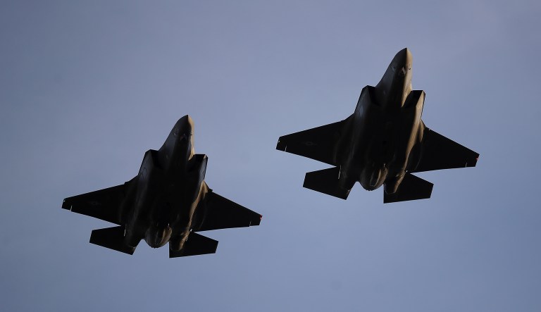 U.S. Air Force F-35 A-fighter jets from 31st Test Evaluation Squadron at Edwards AFB fly over Levi's Stadium before an NFL football game between the San Francisco 49ers and the Oakland Raiders in Santa Clara, Calif., Thursday, Nov. 1, 2018. 
