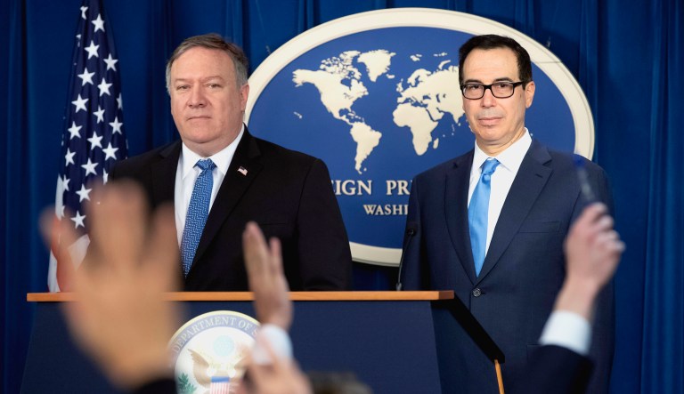 Secretary of State Mike Pompeo, left, and Treasury Secretary Steven Mnuchin, present details of the new sanctions on Iran at the Foreign Press Center in D.C.