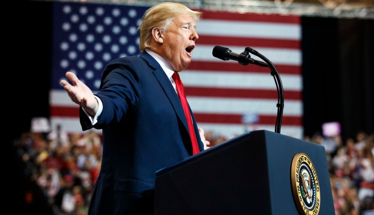 President Donald Trump speaks during a rally at the IX Center, in Cleveland, Monday, Nov. 5, 2018.