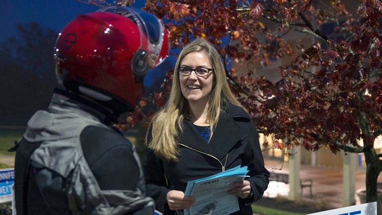 Virginia Democratic congressional candidate Jennifer Wexton greets voters at Ida Lee Park.