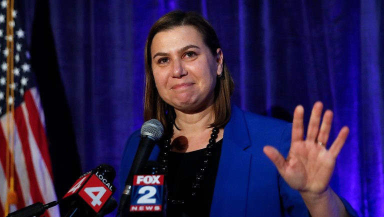 Elissa Slotkin, Democratic candidate for Michigan's 8th Congressional District, speaks at an election night watch party in Clarkston, Mich., Wednesday, Nov. 7, 2018. Slotkin is challenging Republican incumbent Mike Bishop. (AP Photo/Paul Sancya)