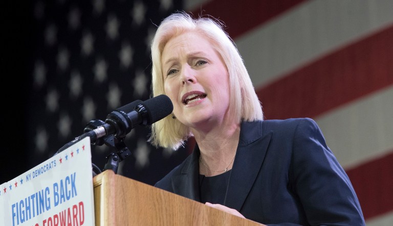 Sen. Kirsten Gillibrand speaks to supporters during an election night watch party hosted by the New York State Democratic Committee in New York. 