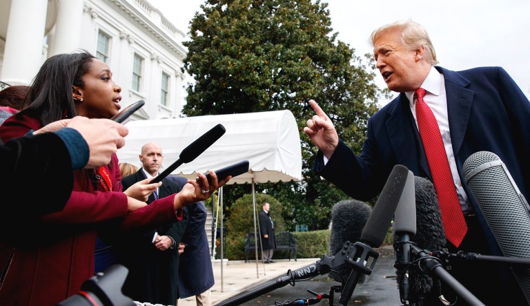CNN journalist Abby Phillip (pictured left) asks President Trump (pictured right) a question as he speaks with reporters before departing for France on the South Lawn of the White House in D.C.