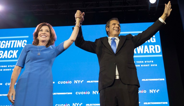 In this Tuesday, Nov. 6, 2018, file photo, New York Gov. Andrew Cuomo, right, stands with Lieutenant Governor Kathy Hochul during an an election night watch party hosted by the New York State Democratic Committee in New York.