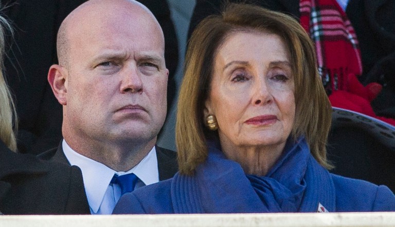 Acting United States Attorney General Matt Whitaker, left, and House Minority Leader Nancy Pelosi of Calif. attend the National Veterans Day Observance at Arlington National Cemetery in Arlington, Va., Sunday, Nov. 11, 2018.