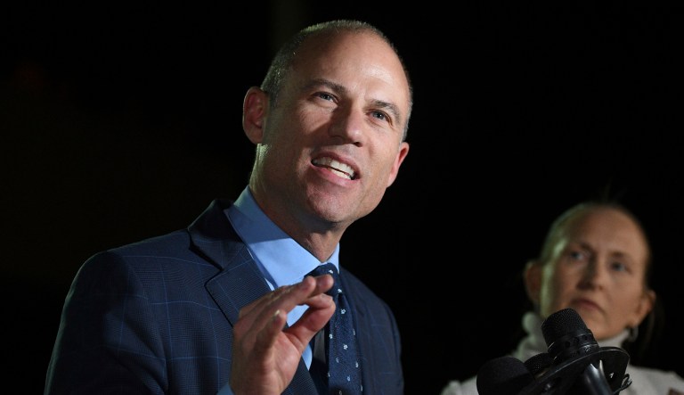 Michael Avenatti speaks to the media in Los Angeles.