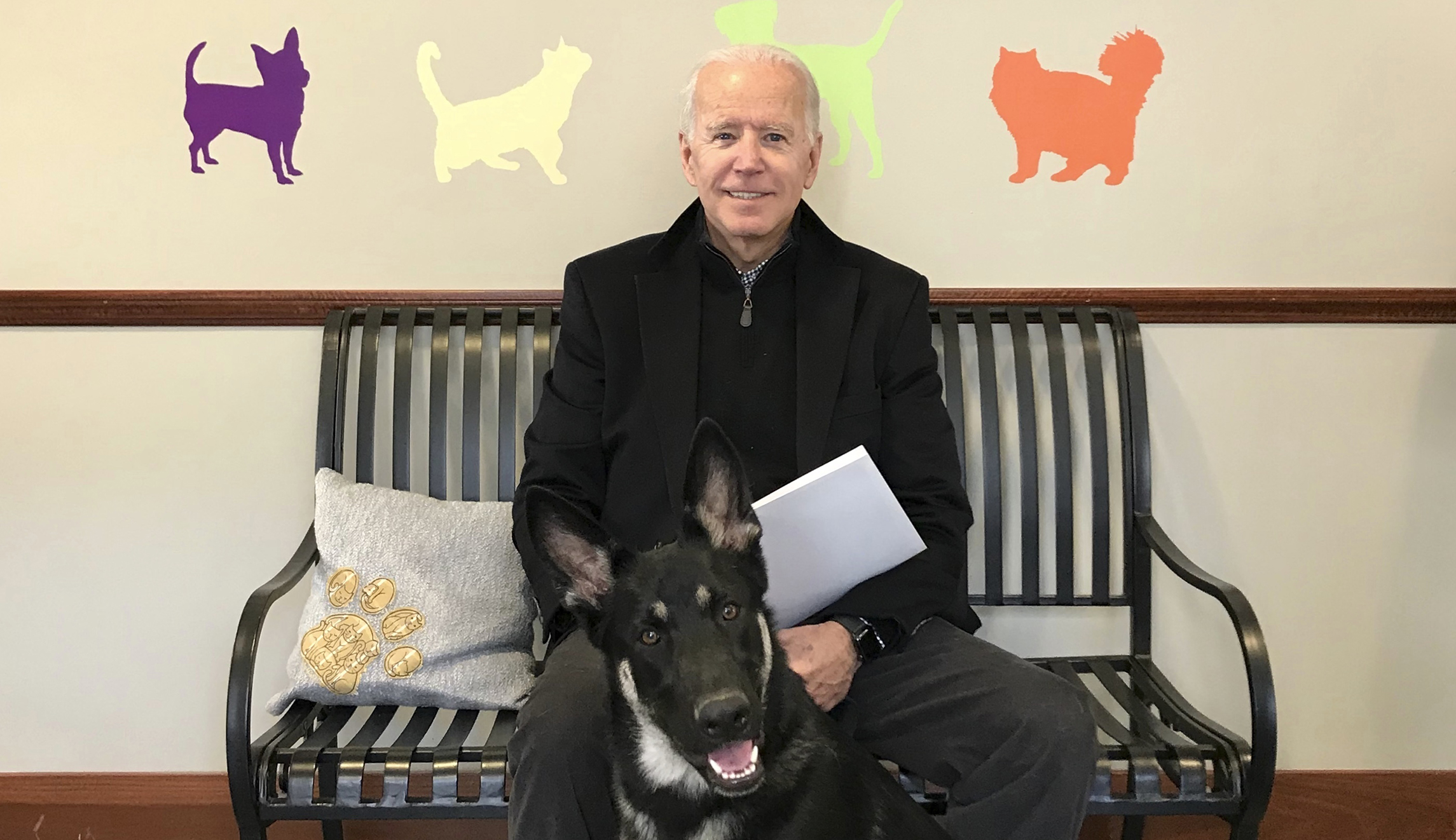 This photo provided by Delaware Humane Association shows former Vice President Joe Biden with his new dog, Major, at Delaware Humane Association in Wilmington, Del.