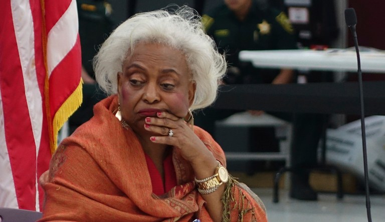 Broward County Supervisor of Elections Brenda Snipes listens to reports Sunday, Nov. 18, 2018, at the Broward Supervisor of Elections office in Lauderhill, Fla. Broward County reported their recount results with 52 minutes to spare Sunday.